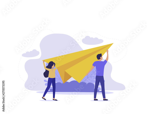 Modern UI flat illustration. Businessman throwing paper plane with woman.  Business success concept image. 