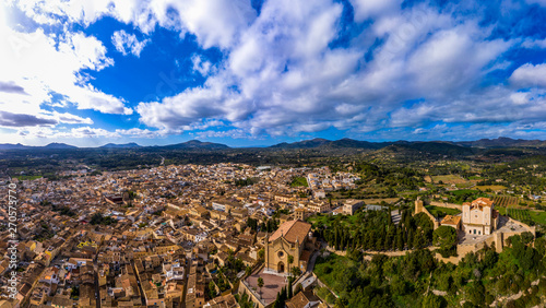 Aerial view, Arta with Parish Church of Transfiguracio del Senyor and Santuari de Sant Salvador Monastery on Calvary, Mallorca, Balearic Islands, Spain, Europe photo