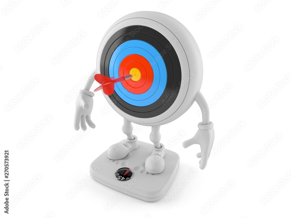 Fototapeta premium Bull's eye character standing on weight scale