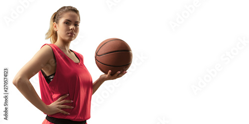 Isolated Female basketball player with ball on white background © Alex