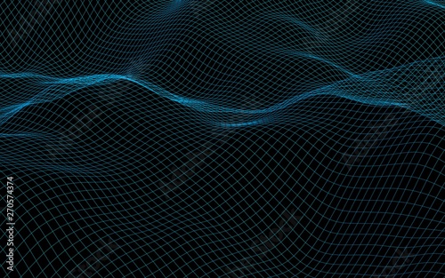Abstract landscape on a dark background. Cyberspace navy blue grid. hi tech network. 3D illustration