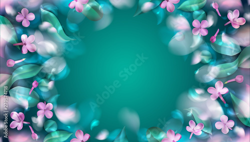 Green mystery spring background with magic purple blurred flower petals and leaves vector illustration