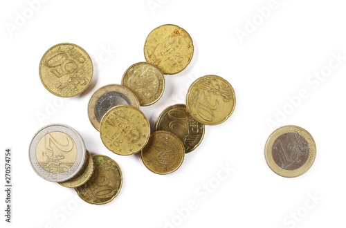 Euro coins, money isolated on white background, top view