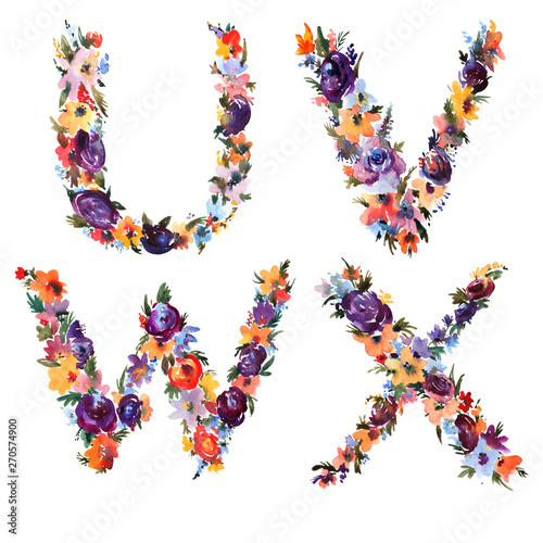 Floral Watercolor Alphabet Set  Letters U V W X Made of Flowers.