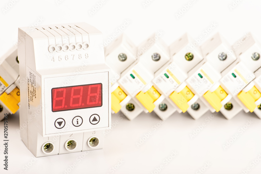 Automatic circuit breakers, on a white background. Electrical equipment. Accessories for electrical protection and control Automatic circuit breakers, on a white background. Electrical equipment. Accessories for electrical protection and control