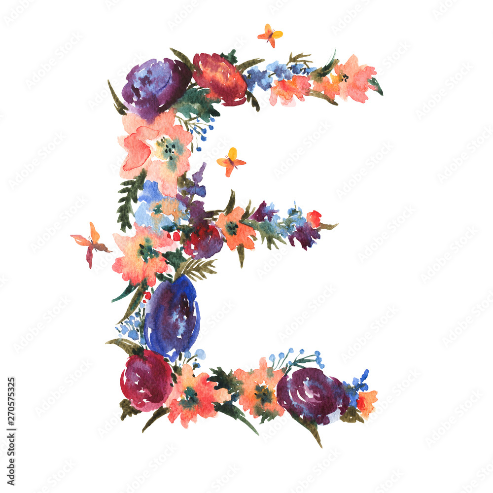 Floral Watercolor Letter E Made of Flowers, Isolated Summer Letter on White Background