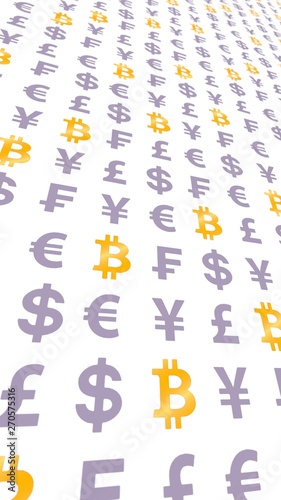 Bitcoin and currency on a white background. Digital crypto currency symbol. Wave effect, currency market fluctuations. Business concept. 3D illustration