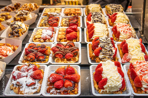 Showcase with Traditional Belgian waffels in Bruges, Belgian