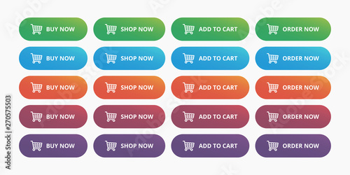 Ecommerce shop buttons modern set - Buy now, Shop now, Add to cart, Order now gradient action button