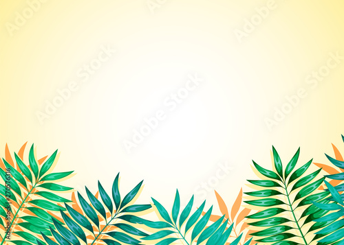 Frame of colorful tropical leaves. Concept of the jungle for the design of invitations, greeting cards and wallpapers. Vector illustration
