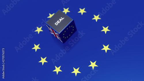3D ILLUSTRATION OF BREXIT CONCEPT MADE BY DICES ON EUROPE FLAG WITH THE INDICATION OF DEAL UPON THE TOP FACE OF DICE