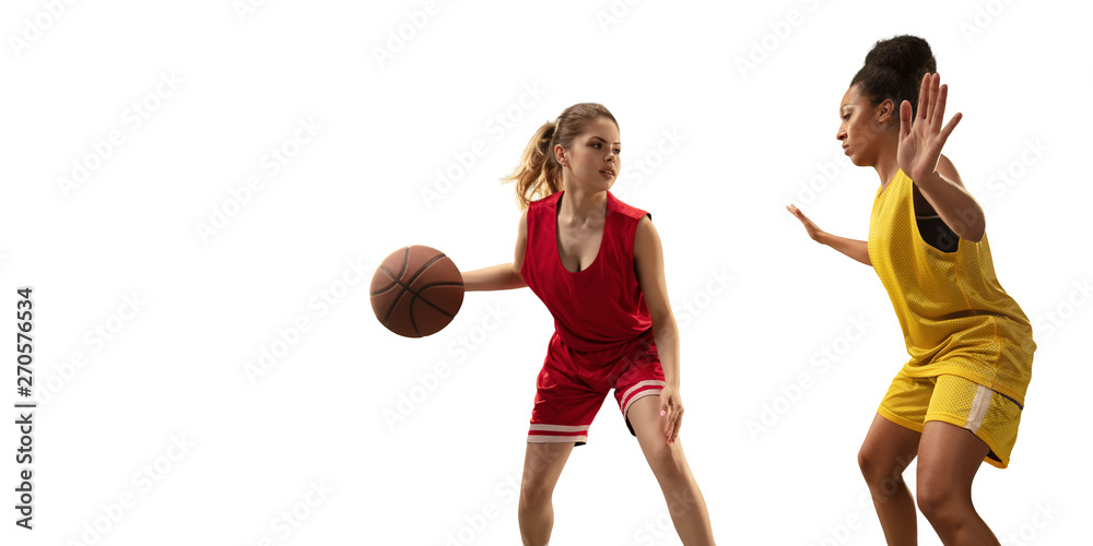 Isolated Female basketball players fight for the ball. Basketball players on white background