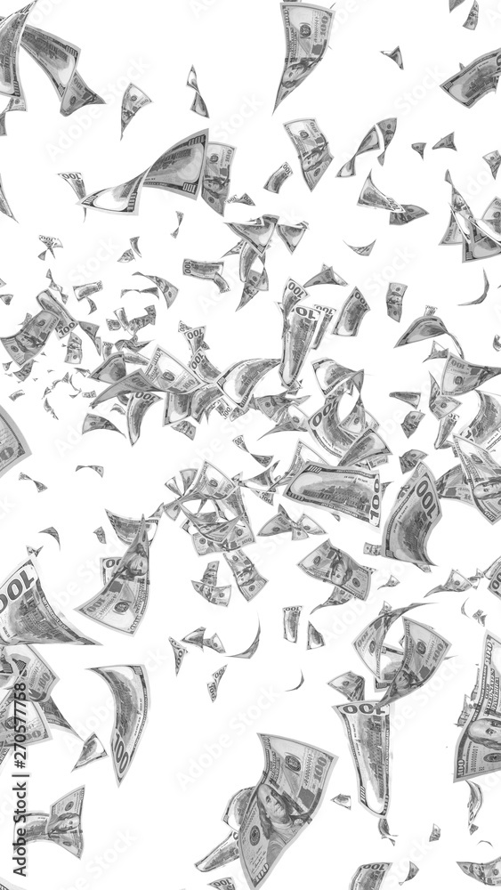 Naklejka premium Flying dollars banknotes isolated on white background. Money is flying in the air. 100 US banknotes new sample. Black and white style. 3D illustration