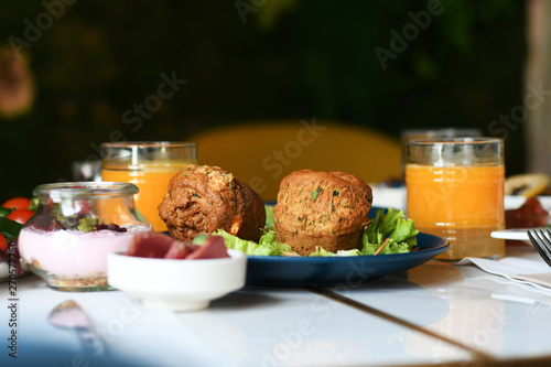 Healthy breakfast with orange juice on a table