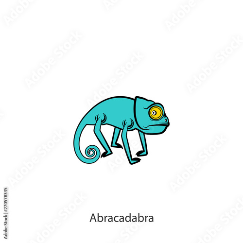 Cartoon character of a southern lizard. Funny cool wary chameleon is posing on a background. Vector illustration. Who is there? Abracadabra.