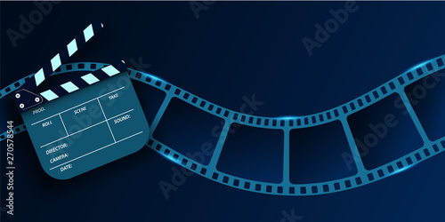 Cinema Flyer Or Poster with Film Strip wave and Clapper Board. 3d movie art blank isolated on blue background. Template For Your Design. Cinematography concept of film industry. Vector illustration.