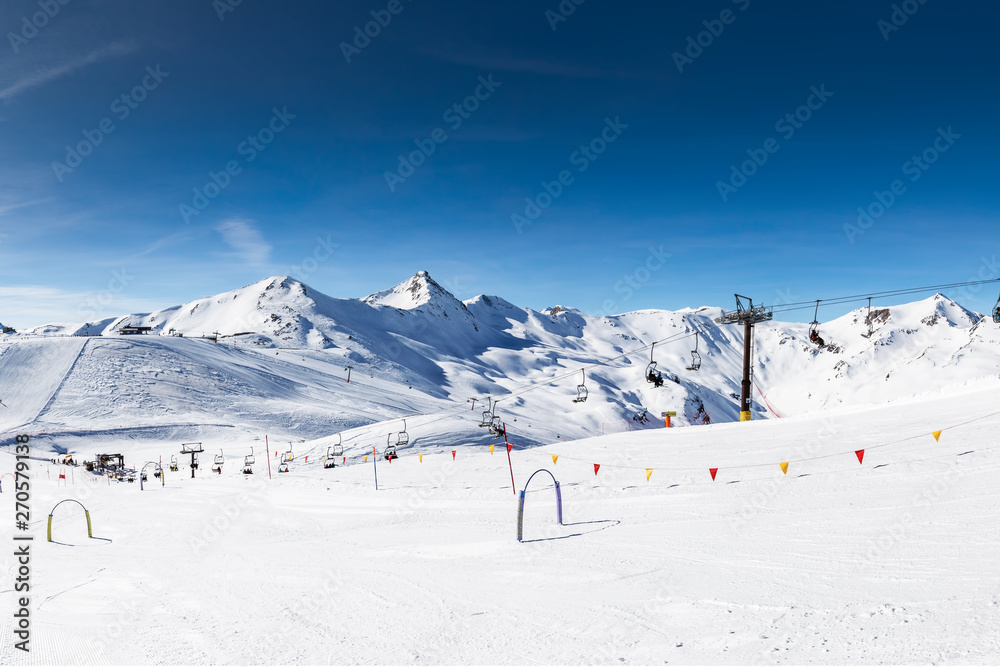 Skiers skiing in Carosello 3000 ski resort, Livigno, Italy, Europe