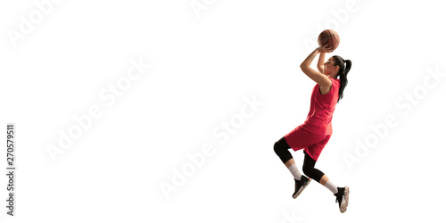 Isolated Female basketball player makes slam dunk. Basketball players on white background