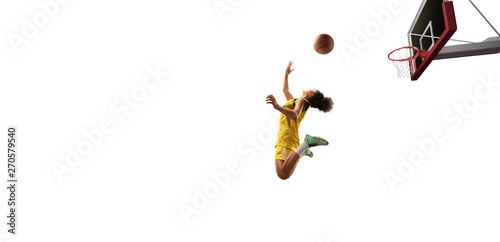 Isolated Female basketball player makes slam dunk. Basketball players on white background © Alex