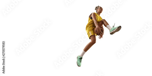Isolated Female basketball player makes slam dunk. Basketball players on white background © Alex