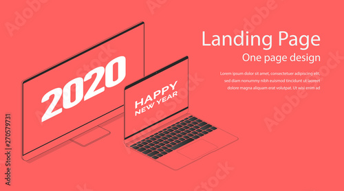 Happy new year 2020 website landing page design template. Flat isometric modern monitor and notebook illustration. One red color