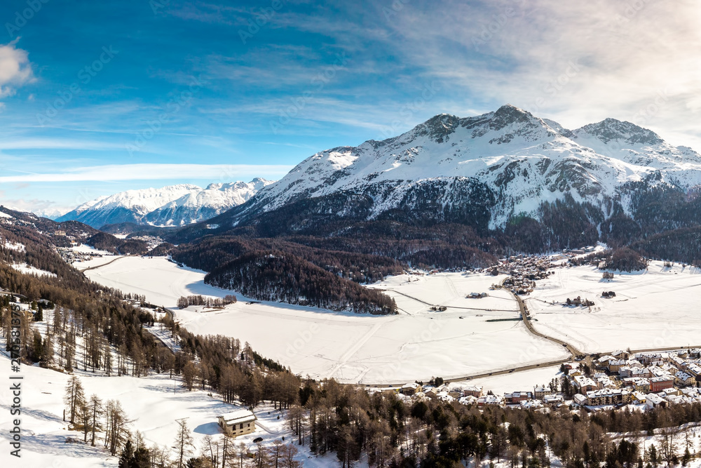 Stunning view of Silsersee, Silvaplanersee, Engadin and Maloja in winter time, Switzerland, Europe