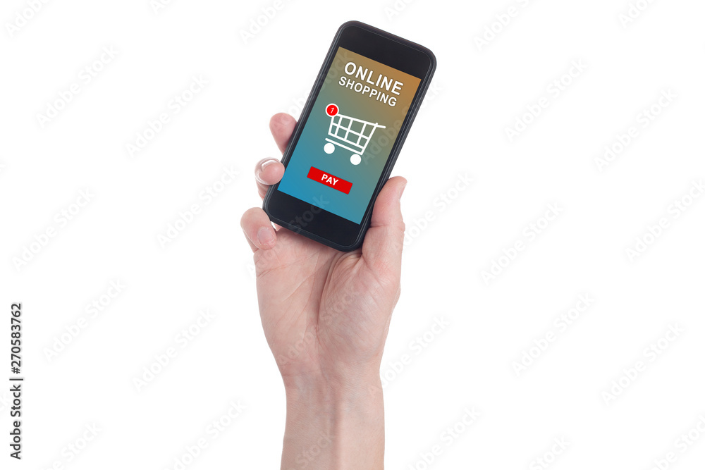 Human hand holding mobile phone with shopping basket and pay button on the screen. Mobile payment concept. Online and mobile shopping Human hand holding mobile phone with shopping basket and pay button on the screen. Mobile payment concept. Online and mobile shopping