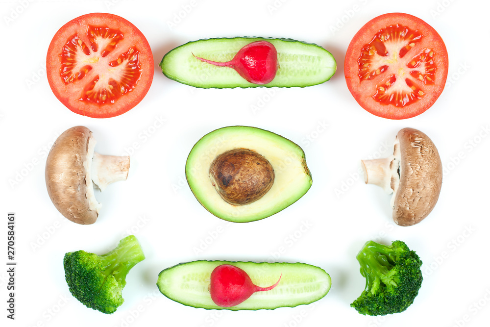 Ingredients for homemade pizza on white background. Top view. Ingredients for salad: radish, slices mushrooms, slices tomatoes, cucumbers, broccoli, avokado and salad . Healthy food conception Ingredients for homemade pizza on white background. Top view. Ingredients for salad: radish, slices mushrooms, slices tomatoes, cucumbers, broccoli, avokado and salad . Healthy food conception
