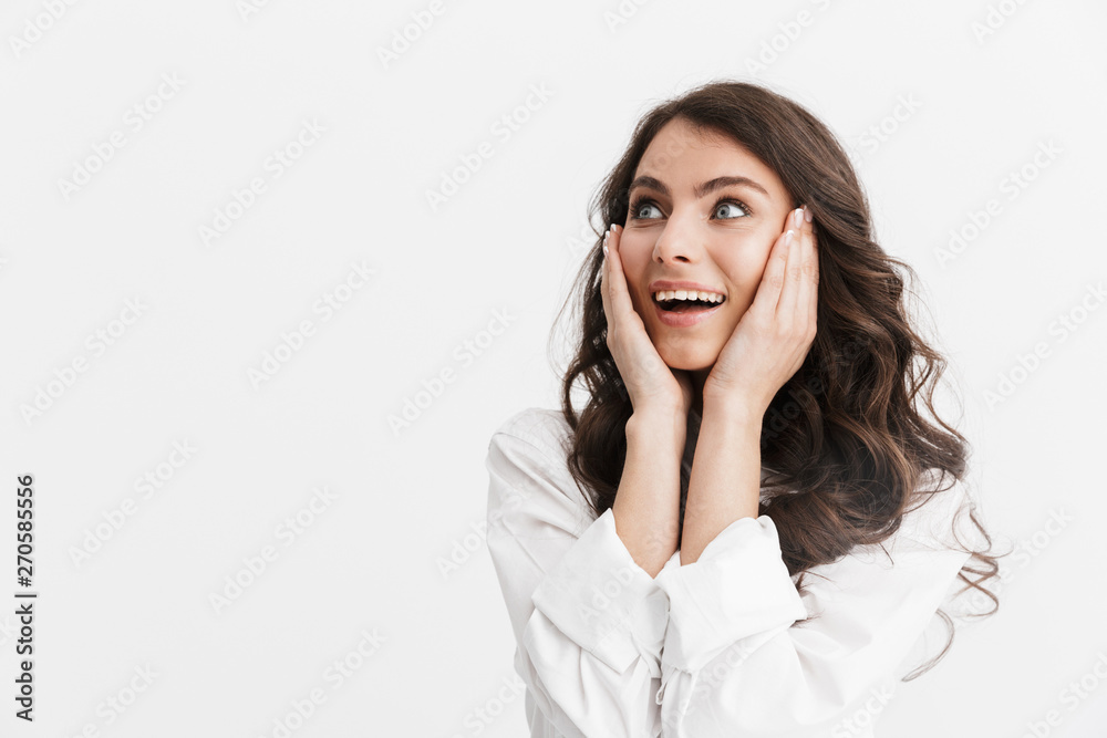 Beautiful young woman with long curly brunette hair Beautiful young woman with long curly brunette hair