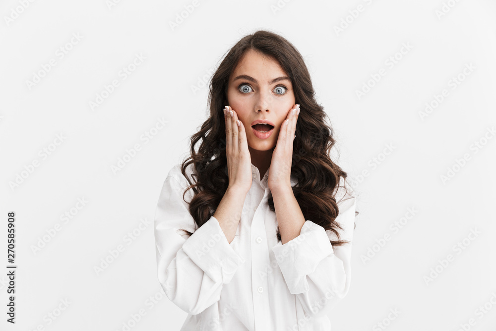 Beautiful young woman with long curly brunette hair Beautiful young woman with long curly brunette hair