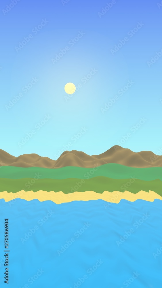 Sun Sea Beach. Noon. Ocean shore line with waves on a beach. Island beach paradise with waves. Vacation, summer, relaxation. Seascape, seashore. Minimalist landscape, primitivism. 3D illustration