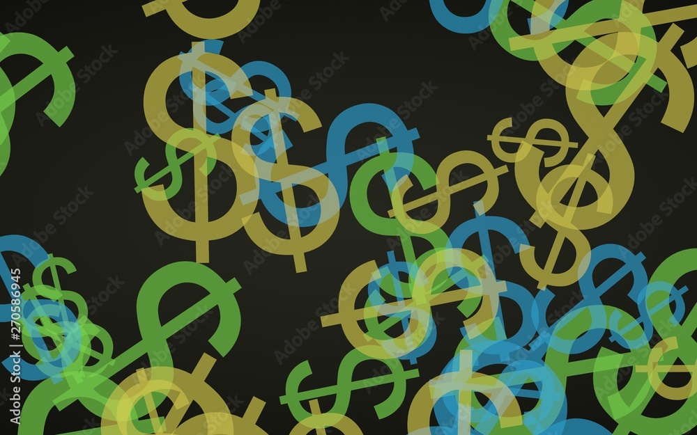 Multicolored translucent dollar signs on dark background. 3D illustration