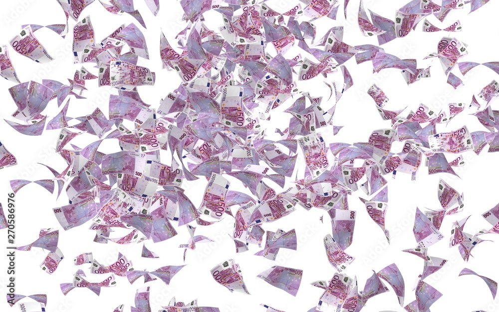 Flying euro banknotes isolated on a white background. Money is flying in the air. 500 EURO in color. 3D illustration Flying euro banknotes isolated on a white background. Money is flying in the air. 500 EURO in color. 3D illustration