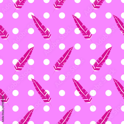 Seamless pattern with pink feathers and white drops