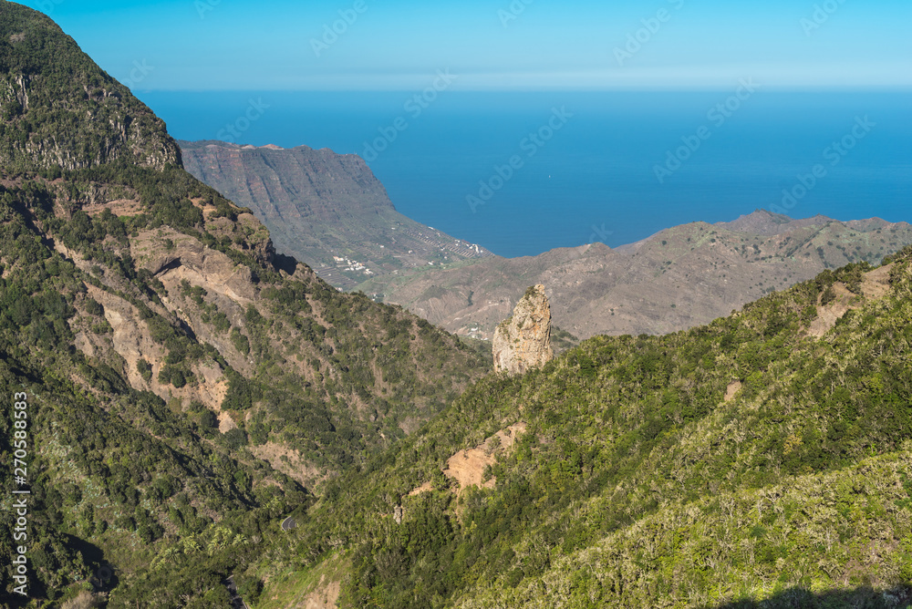 View down to over the Garajonay National Park to the Monteforte gorge, Spanish, the Barranco del Monteforte, to the valley of Hermigua on the Canary island of La Gomera