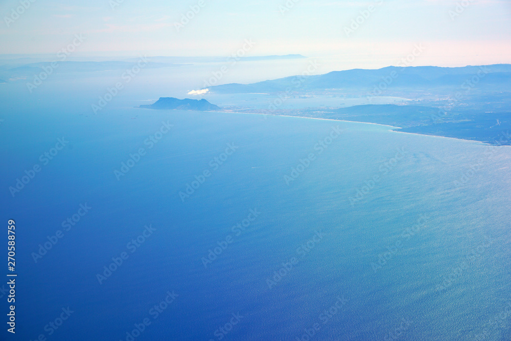 Aerial view of the Strait of Gibraltar on the South coast of Spain where the Mediterranean Sea meets the Atlantic Ocean