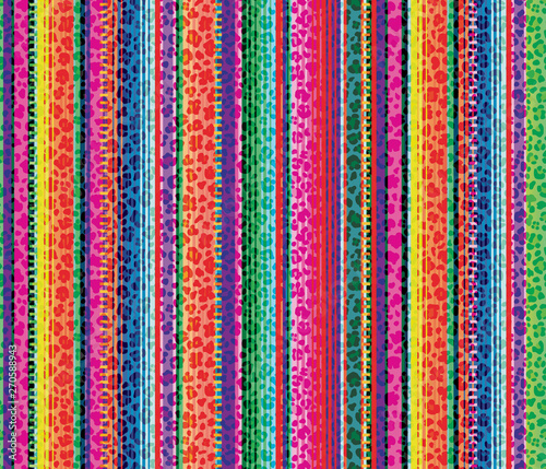Fotografie Colorful seamless mexican style and leopard pattern, serape stripes background