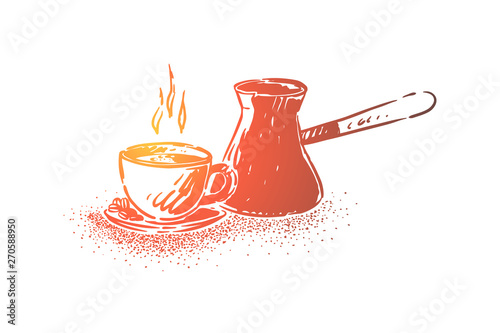 Natural arabic coffee preparation equipment, cup with hot beverage and cezve, copper pot with long handle