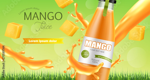Mango juice splash Vector realistic. Product placement mock up. Packaging des...