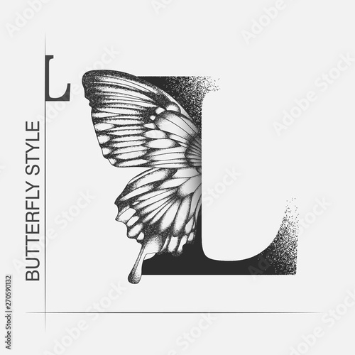 Letter L with butterfly silhouette. Monarch wing butterfly logo template isolated on white background. Calligraphic hand drawn lettering design. Alphabet concept. Monogram vector illustration