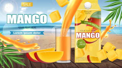 Mango juice Vector realistic. Product placement mock up. Pouring drink in a g...