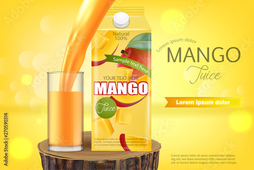 Mango juice Vector realistic. Product placement mock up. Pouring drink in a glass. Packaging design. 3d illustrations