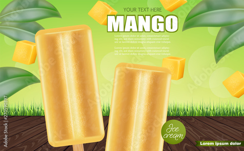 Mango ice cream Vector realistic. Fresh delicious iace cream dessert. Tropic ...