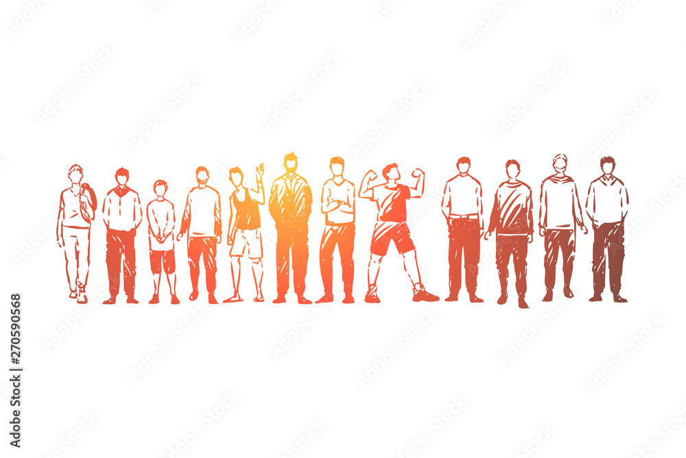 Young men standing together, adults and teenagers, faceless people in casual clothes, friends communication