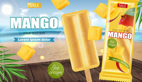 Mango ice cream Vector realistic. Fresh delicious iace cream dessert. Tropic ...