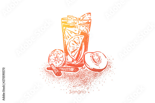 Sangria, summer beverage with red wine, fruits, sugar, fizzy water and brandy, fresh juice with lemon slice