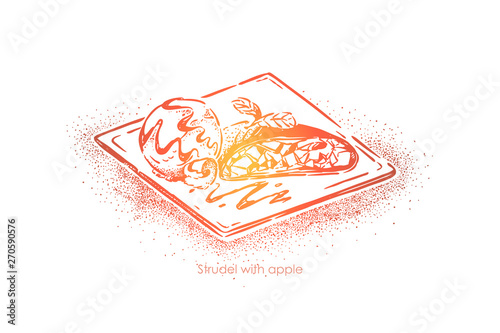Traditional austrian dish, strudel with apple, tasty baking with fruit filling, bakery, restaurant menu