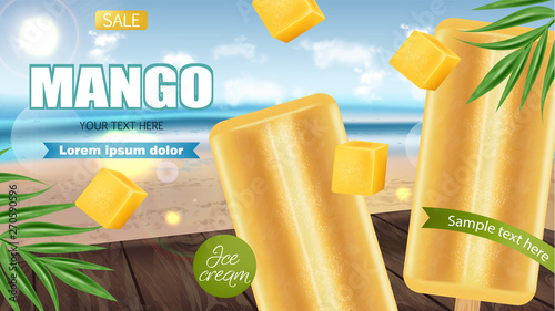 Mango ice cream Vector realistic. Fresh delicious iace cream dessert. Tropic ...