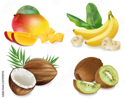 Mango, Coconut, kiwi and banana Vector realistic set collection fruits isolated