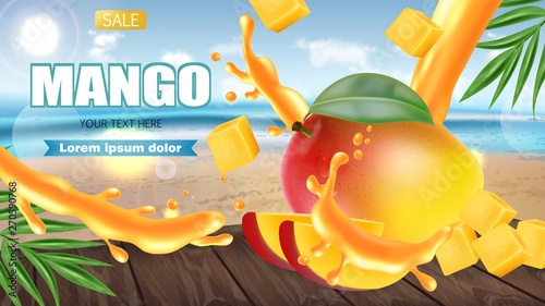Mango fruit sliced on tropic background Vector realistic. Seaside view. Detai...